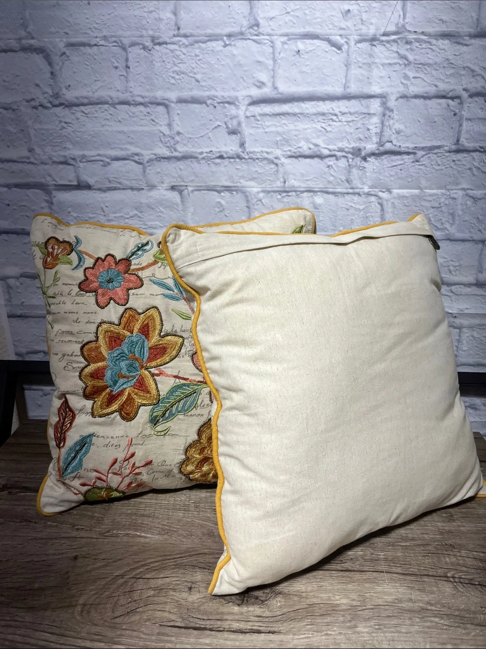 Pier 1 Floral Embroidered Accent Pillow Pair in Orange, Teal & Gold